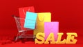 Colourful paper shopping bags on shopping cart with Yellow sale sign on crack red ground. Shopping concept, 3D rendering Royalty Free Stock Photo