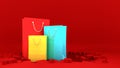 Colourful paper shopping bags on crack red ground. Shopping concept, 3D rendering Royalty Free Stock Photo