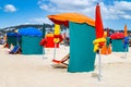 Colourful parasols on Deauville Beach. Normandy, Northern France. Royalty Free Stock Photo