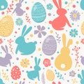 Colourful pattern with decorative eggs, bunnies and flowers. Easter background. Vector