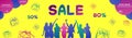 Colourful people silhouette, group of diversity woman, season sale concept bubbles yellow background horizontal banner