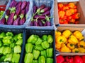 Colourful Peppers and Eggplants at Fruit and Vegetable Market Royalty Free Stock Photo