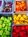 Colourful Peppers and Eggplants at Fruit and Vegetable Market Royalty Free Stock Photo