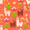 Colourful peru seamless pattern with alpaca and cactus, childish cute llama with sun and rainbows