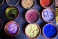 Colourful pigment dyes in bowls, Marrakesh, Morocco