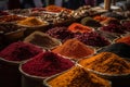 Colourful piles of spices on an Eastern market. Generative AI