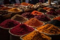 Colourful piles of spices on an Eastern market. Generative AI Royalty Free Stock Photo