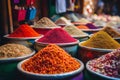 Colourful piles of spices on an Eastern market. Generative AI Royalty Free Stock Photo