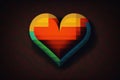 Colourful pixel heart on black background, created using generative ai technology