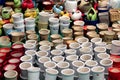 Colourful pots, handmade ceramics folk crafts city market place street bazaar outdoor glass cup plate colourful