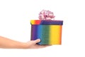 Colourful present box and pink bow. Royalty Free Stock Photo