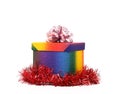 Colourful present box and pink bow. Royalty Free Stock Photo