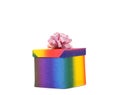 Colourful present box and pink bow. Royalty Free Stock Photo