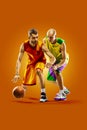 Colourful professional basketball players isolated over orange background