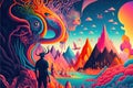 Colourful and psychedelic planet with mountains and man, created using generative ai technology