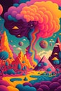 Colourful and psychedelic planet with mountains and trees, created using generative ai technology