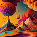 Colourful and psychedelic planet with mountains and trees, created using generative ai technology