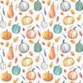 Colourful pumpkins and leaves, seasonal autumn seamless pattern. Hand painted watercolor illustration