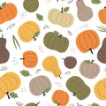 Colourful pumpkins seamless pattern. Cute doodle pumpkins as thanksgiving decoration concept.