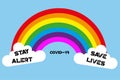 Colourful Rainbow and clouds showing the messages stay alert and save lives on a sky blue background
