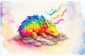 Colourful rainbow cute sleeping baby dragon watercolour painting animal animals