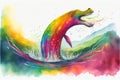 Colourful rainbow Nessie the Loch Ness Monster watercolor painting animal animals