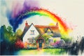 Colourful rainbow old traditional English cottage colorful