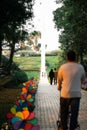 Colourful rainbow pinwheel in the park