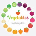 Colourful rainbow round vegetables background with place for logo or text.