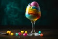 Colourful rainbow sherbet in a tall glass, topped with whipped cream and sprinkles dark background. AI generated