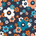 Colourful Retro Graphic Large Scale Daisies Blooms on Dark Grey Background Vector Seamless Pattern Royalty Free Stock Photo