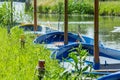 Colourful sailing boats tied up to a river bank