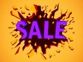 Sale banner. Wall explosion. Black crack in the yellow wall Royalty Free Stock Photo