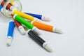 Colourful school supplies, stationery on white background - space for caption Royalty Free Stock Photo