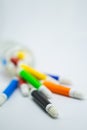 Colourful school supplies, stationery on white background - space for caption Royalty Free Stock Photo