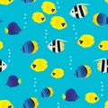 Colourful seamless pattern with cartoon coral reef vivid fish on blue background. Underwater life wallpaper. Royalty Free Stock Photo