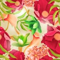 Colourful Seamless Pattern with tropic flowers and leaves.