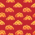 Golden, yellow clouds with white strokes on red background. Hand drawn vibrant vector seamless pattern, oriental style Royalty Free Stock Photo