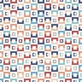Colourful seamless vector pattern with simple geometric tiles in blue, red and orange. Royalty Free Stock Photo