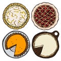 Colourful set of four kinds of cakes on white background. Lemon pie, Cheesecake, cherry open pie, pumpkin pie.