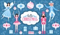 Colourful set of toys - ballerina, fairy, nutcracker doll, mouse king, presents and decorations for xmas tree Royalty Free Stock Photo