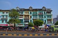 Colourful shophouse building along Sule Pagoda Road in Yangon, Myanmar