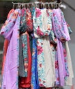 Colourful silk scarfs hanging at a market stall Royalty Free Stock Photo