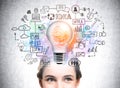 Colourful sketch with icons of light bulb and woman head Royalty Free Stock Photo