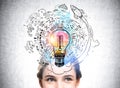 Colourful sketch with large light bulb, rocket launch, woman head Royalty Free Stock Photo