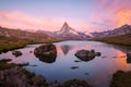 Colourful sky over the Matterhorn reflecting in the Stellisee at sunrise in Zermatt Switzerland Royalty Free Stock Photo