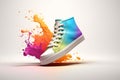 Generative AI. Colourful sneaker illustration. Bright multi-colored running shoes on a white background with a splash of color pai