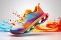 Colourful sneaker illustration. Bright multi-colored running shoes on a white background with a splash of color paint. Sport shoes Royalty Free Stock Photo