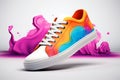 Generative AI. Colourful sneaker illustration. Bright multi-colored running shoes on a white background with a splash of color pai Royalty Free Stock Photo