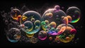 Colourful soap bubbles on black background. 3D illustration. Royalty Free Stock Photo